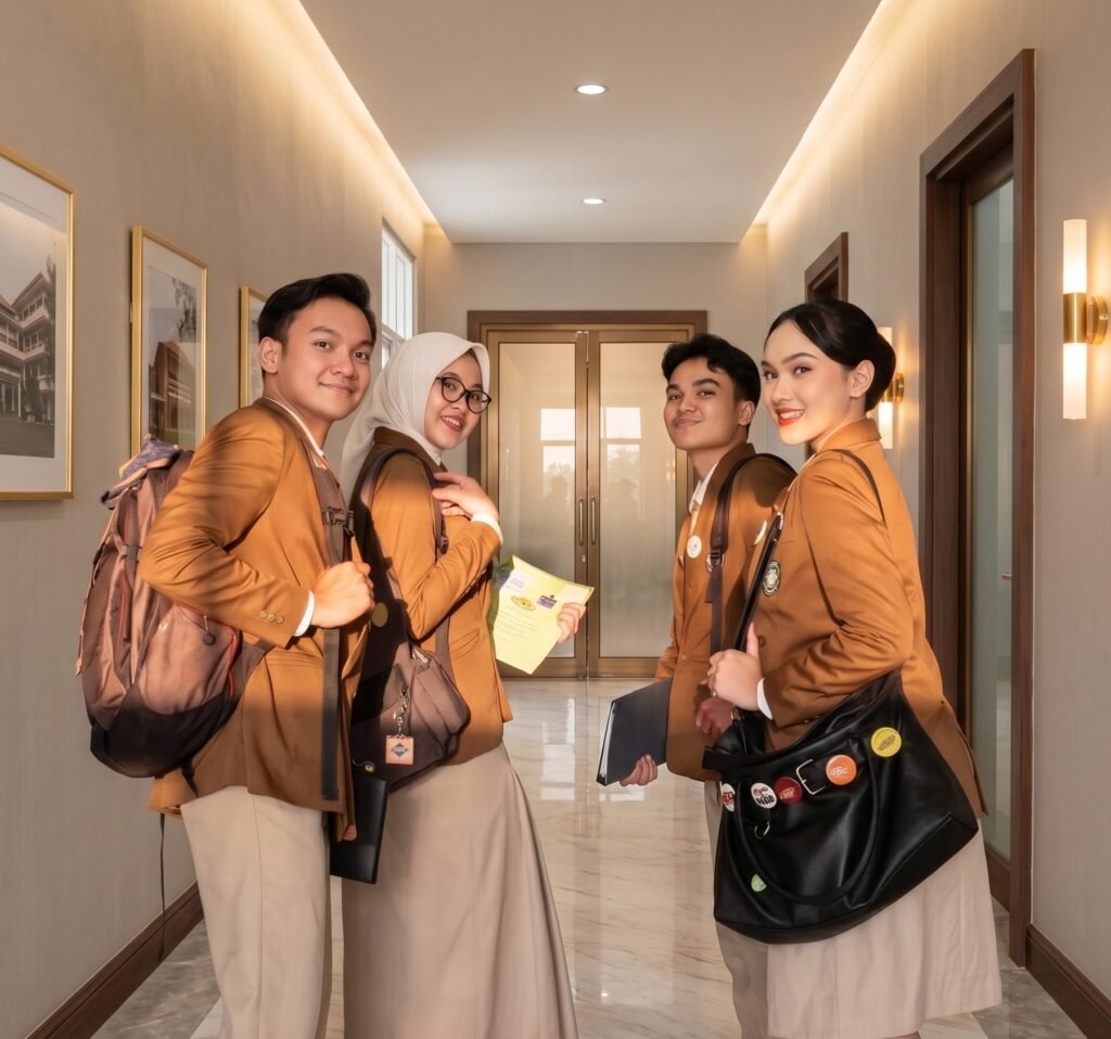 Foto mahasiswa jurusan kepariwisataan poltekpar nhi bandung sedang menggendong tas